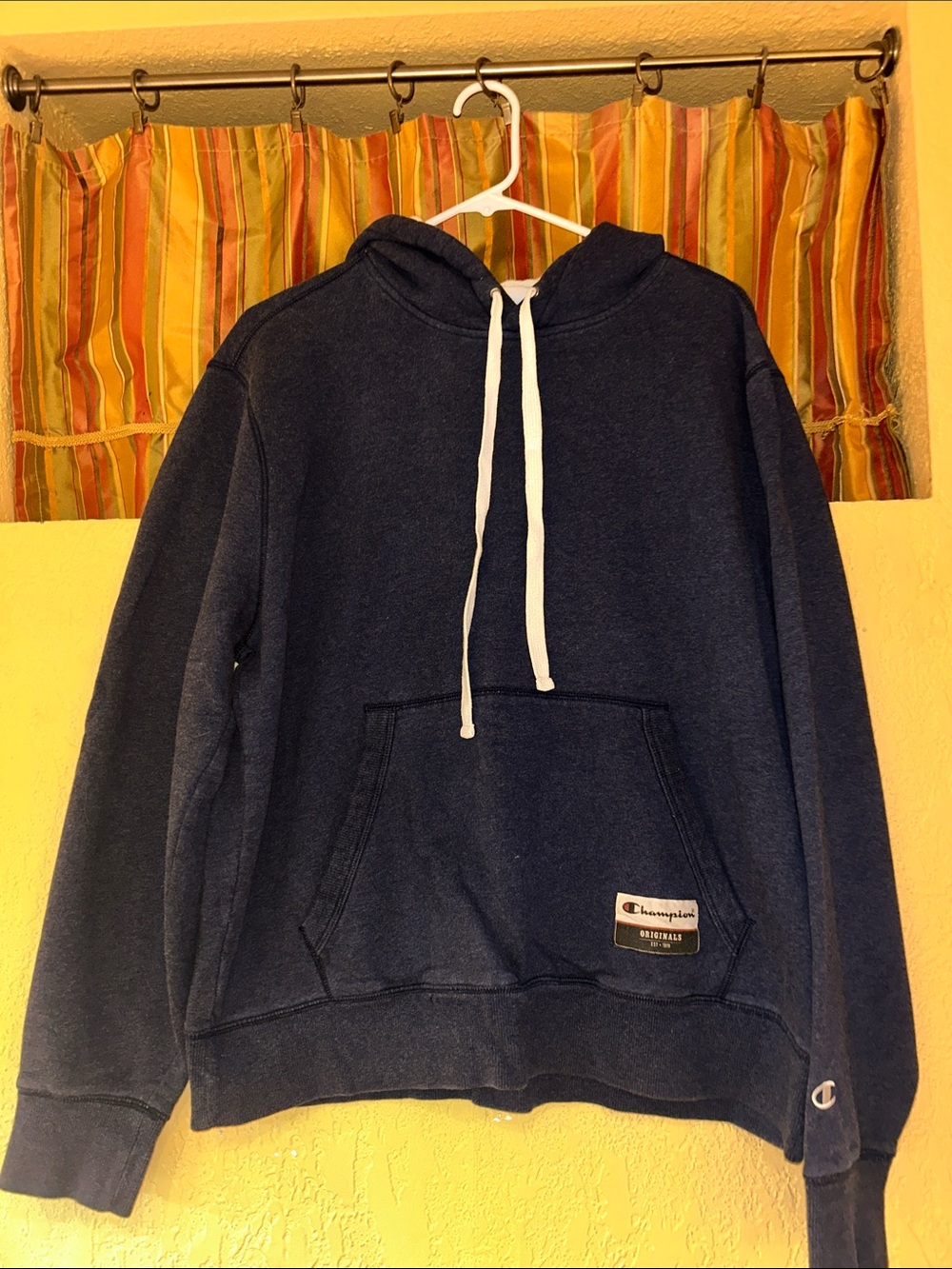 Champion Navy Pullover Hoodie with White Drawstrings